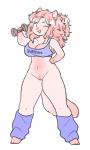 anthro belly big_breasts blush bra breasts clothing exercise female fur genitals hair happy huge_breasts one_eye_closed open_mouth pussy simple_background smile solo sports_bra underwear wide_hips wink workout 0phanim domestic_cat felid feline felis mammal hi_res