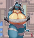 5_fingers anthro big_breasts blue_body breasts countershading female fingers hand_spike huge_breasts looking_at_viewer neck_tuft red_eyes solo spikes spikes_(anatomy) tan_body tan_countershading tuft ai_od nintendo pokemon canid generation_4_pokemon lucario mammal pokemon_(species) 2022 absurd_res hi_res