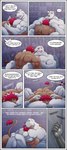 absurd_res anthro armwear back_muscles bear bed brown_body brown_fur clothing comic duo english_text felid frostbite_(rubberbuns) fur furniture hair hand_on_head head_on_chest hi_res latex latex_armwear latex_clothing laugh lion male mammal muscular muscular_anthro muscular_male muscular_thighs pantherine red_hair rubberbuns shoulder_hair text white_body white_fur wildfire_(rubberbuns)