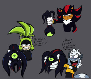 anthro black_body character_in_hand dialogue ear_piercing excited_expression female green_body grey_body group hair male markings piercing red_markings smug_expression smug_face smug_grin tentacles tied_hair invdrscar idw_publishing sega sonic_the_hedgehog_(comics) sonic_the_hedgehog_(idw) sonic_the_hedgehog_(series) plagg_(invdrscar) shadow_the_hedgehog surge_the_tenrec tangle_the_lemur afrosoricid alien black_arms_(sonic) eulipotyphlan hedgehog lemur mammal primate ring-tailed_lemur strepsirrhine tenrec hi_res