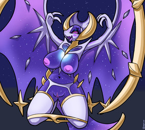 anthro aroused big_breasts blush breasts clothed clothing female genitals lingerie nipples panties panties_down partially_clothed pokemorph tongue tongue_out underwear underwear_down vulva wings not_skyelinne nintendo pokemon bat generation_7_pokemon legendary_pokemon lunala mammal pokemon_(species) hi_res
