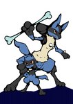 ambiguous_gender anthro biped blue_body blue_fur bone duo fur holding_bone multicolored_body multicolored_fur red_eyes simple_background standing tan_body tan_fur teeth white_background krkr nintendo pokemon generation_4_pokemon lucario pokemon_(species) riolu 2009