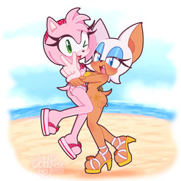 accessory anthro beach bikini black_nose blue_eyes blue_eyeshadow blush breasts butt clothing cloud duo eyeshadow female footwear fur gesture green_eyes hair hair_accessory hairband hand_gesture head_tuft high_heels looking_at_viewer makeup one-piece_swimsuit one_eye_closed open_mouth open_smile pink_body pink_clothing pink_fur pink_hair pink_swimwear sandals sea shoes short_hair sky smile snaggle_tooth swimwear tan_body tan_fur tuft two-piece_swimsuit v_sign water white_body white_fur wink winking_at_viewer yellow_bikini yellow_clothing yellow_footwear yellow_shoes yellow_swimwear goldyrose22 sega sonic_the_hedgehog_(series) amy_rose rouge_the_bat bat eulipotyphlan hedgehog mammal 1:1 hi_res