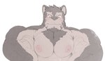 anthro areola big_pecs blush facial_scar fur grey_body grey_fur male muscular muscular_anthro muscular_male nipples nude pec_squeeze pecs pink_nipples scar simple_background solo white_background yellow_eyes ripped-saurian anothereidos_of_dragon_vein_r billford canid canine canis mammal wolf