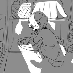 ambiguous_gender anthro apple clothed clothing collar crouching cute_fangs duo eating erection fangs floppy_ears food fruit genitals imminent_rape imminent_sex inside looking_back male male/ambiguous male/male open_mouth penis plant shadow shota teeth topless young young_anthro manmosu_marimo slave_pup_(marimo) canid canine canis domestic_dog mammal 1:1 2015 digital_media_(artwork) monochrome