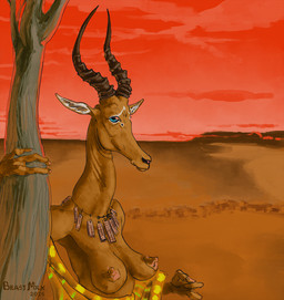 african anthro bound breasts clothed clothed_anthro clothed_female clothing desert female female_anthro horn looking_at_viewer plant pose solo text three-quarter_view topless tree tribal_dress beastmilk alcelaphine antelope bovid hirola mammal 2026 artist_name dated digital_drawing_(artwork) digital_media_(artwork) english_text half-length_portrait portrait warm_colors