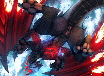 anus black_body black_scales blue_eyes claws clitoris female female_feral feral finger_claws genitals grey_body horn looking_at_viewer pupils scales sharp_teeth slit_pupils solo tail teeth thick_tail toe_claws vulva wings zyria capcom monster_hunter mythology elder_dragon mythological_creature mythological_scalie scalie valstrax hi_res shaded