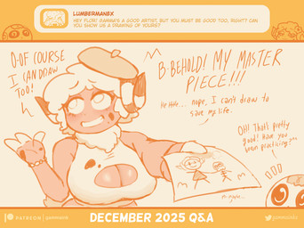 2_horns 3_fingers accessory anthro bar_emanata beret big_breasts bone bracelet breasts cleavage_cutout clothing curled_horn cutout drawing_(object) duo emanata eyebrow_through_hair eyebrows female fingers flower flower_in_hair hair hair_accessory hat headgear headwear holding_drawing holding_object holding_paper hooved_fingers hooves horn jewelry orange_monochrome paint_on_body paint_on_clothing paint_on_face paint_on_hand paper plant q&a skeleton smile text topwear translucent translucent_hair gammainks flor_(gammainks) gamma_(gammainks) animated_skeleton bovid caprine mammal sheep undead 2025 absurd_res artist_name english_text hi_res monochrome