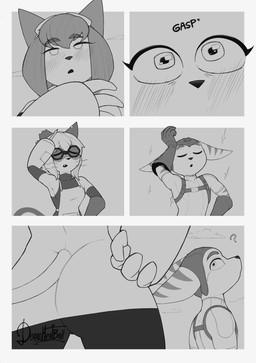 anthro butt clothing duo eyewear eyewear_on_head fangs female fur gasp glasses gloves goggles goggles_on_head group hand_on_hip handwear male markings notched_ear planet robotic_arm standing striped_body striped_fur striped_markings stripes tail teeth trio wearing_glasses whiskers doggomeatball gameoverse glitch_productions ratchet_and_clank sony_corporation sony_interactive_entertainment kit_bodega ratchet_(ratchet_and_clank) scratch_(gameoverse) domestic_cat felid feline felis lombax mammal black_and_white comic crossover hi_res monochrome