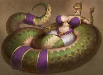 accessory anthro apode armband armlet beckoning big_breasts breasts clothed clothed_anthro clothed_female clothing female furgonomics gesture gold_(metal) gold_jewelry gold_necklace green_body green_scales huge_breasts jewelry legless looking_at_viewer necklace nipple_outline non-mammal_breasts purple_eyes scales serpentine small_waist solo tail tail_accessory tail_jewelry thick_tail pupuslapus draconcopode naga reptile scalie snake absurd_res hi_res