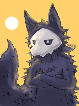 anthro black_body black_fur crossed_arms fur male male_anthro mask simple_background solo sun sunset wet white_eyes yellow_background nfnw changed_(video_game) puro_(changed) canid canine canis mammal wolf 3:4 digital_media_(artwork)