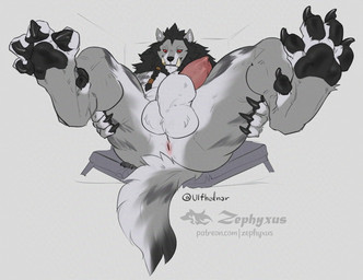 animal_genitalia animal_penis anthro anus balls biped black_hair black_mane black_pawpads broken_bed butt canine_genitalia canine_penis claws curling_toes dewclaw digitigrade erection feet finger_claws foot_focus fur genitals grey_body grey_fur hair male male_anthro mane multicolored_body multicolored_fur pawpads paws penis presenting presenting_hindquarters red_eyes sheath solo spread_legs spreading toe_claws tusks white_balls white_body white_fur white_sheath zephyxus mythology mjodvitnir canid canine mammal mythological_canine mythological_creature werecanid werecanine werecreature werewolf 2026 digital_media_(artwork)