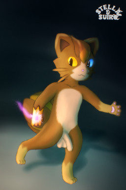 balls big_balls biped blue_eyes brown_body brown_fur countershading digitigrade foreskin fur gem genitals glowing glowing_eyes head_tuft heterochromia humanoid_genitalia humanoid_penis looking_at_viewer magic male orange_eyes pawpads penis pose psychic psychic_powers semi-anthro simple_background solo tail tuft stellaamoris artfight artfight2025 luxro lewxen digital_media_(artwork) digital_painting_(artwork) hi_res painting_(artwork)