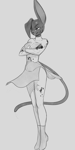 anthro athletic athletic_anthro athletic_female big_ears black_body blood blood_on_body blood_on_face blood_on_hand bodily_fluids breasts clothed clothed_anthro clothed_female clothing collarbone confident_female countershading crossed_arms eyebrows eyelashes female female_anthro floating floppy_ears fully_clothed fully_clothed_anthro fully_clothed_female glistening_face long_tail medium_breasts narrowed_eyes one_ear_up one_eye_obstructed solo tail white_clothing w4g4 image_comics invincible_(image_comics) void_(feliscede) domestic_cat felid feline felis mammal viltrumite 2026 digital_drawing_(artwork) digital_media_(artwork) greyscale hi_res monochrome shaded