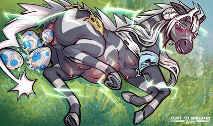 after_transformation alternate_species anus belly big_belly black_body black_fur blush bodily_fluids breasts busty_feral clothing egg electrogenesis female feral fur genital_fluids genitals grass hair hair_bun hooves lying on_grass on_ground on_side oviposition plant pokemon_egg pregnant pregnant_female pregnant_feral solo teats torn_clothing vaginal_fluids vulva white_hair trixythespiderfox nintendo pokemon rosa_(pokemon) equid equine generation_5_pokemon mammal pokemon_(species) zebstrika 2026 dated hi_res