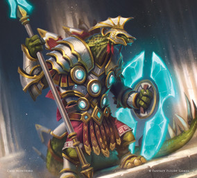 armor column dutch_angle green_body headgear helmet holding_melee_weapon holding_object holding_polearm holding_shield holding_spear holding_weapon male melee_weapon polearm shield solo spear standing tail weapon caio_monteiro fantasy_flight_games keyforge scalie official_art