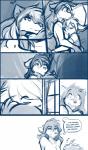 2017 anthro basitin bed blue_and_white breasts canid canine canis chest_tuft conditional_dnp cuddling curtains duo ears_back featureless_breasts female fur furniture hair hi_res keidran keith_keiser larger_female long_hair male mammal monochrome natani navel nude on_bed pivoted_ears short_hair size_difference sketch smaller_male sound_effects tom_fischbach tongue tuft twokinds wolf youngtani