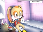 anthro bathroom biped blush bodily_fluids bottomless bottomwear clothed clothing female footwear genital_fluids genitals inside peeing pregnancy_test pregnant pussy shoes sitting_on_toilet skirt smile solo toilet toilet_use underage_pregnancy underwear urine young young_anthro launny sega sonic_the_hedgehog_(series) cream_the_rabbit lagomorph leporid mammal rabbit 2013 4:3