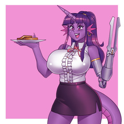 anthro blouse bottomwear clothing cybernetic_arm cybernetic_limb ear_fins ear_piercing female fin hair horn necktie nipple_outline piercing plate ponytail purple_body purple_eyes purple_hair skirt solo topwear nauth hasbro my_little_pony mythology fan_character hatchling_nebula_(darkstar239) nebula_(nauth) dragon equid equine hybrid mammal mythological_creature mythological_equine mythological_scalie scalie unicorn 1:1 hi_res