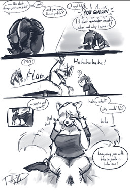 ambiguous_gender anthro bounce confusion dialogue embarrassed fancy_clothing female feral fluffy fluffy_tail group laugh machine male profanity serious_face tail tail_motion tailwag text trio ravid_anml ghirr_firewire_mertens_(ravid_anml) nora_seulis_(ravid_anml) tobias_hecaucatl_(ravid_anml) american_opossum canid canine canis mammal marsupial protogen wolf absurd_res comic english_text hi_res