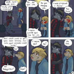 against_surface against_wall anthro barefoot black_clothing black_shirt black_topwear blonde_hair blue_eyes blush bottomwear brown_eyes cheek_tuft cigarette cigarette_in_mouth clothing dialogue door duo eye_contact facial_tuft feet flannel_shirt front_door full-face_blush fur grey_body grey_fur hair holding_cigarette holding_object hoodie index_to_index logo looking_at_another male object_in_mouth oh_shit outside page_number pants profanity realization shirt shy six_frame_image smoke smoking smoking_cigarette speech_bubble standing tail text topwear tuft worried yellow_body yellow_fur kriek_wildebeest jeremy_(kriek_wildebeest) tom_(kriek_wildebeest) border_collie canid canine canis collie domestic_dog herding_dog husky hybrid mammal nordic_sled_dog pastoral_dog sheepdog spitz wolf 1:1 artist_logo comic english_text hi_res multiple_scenes