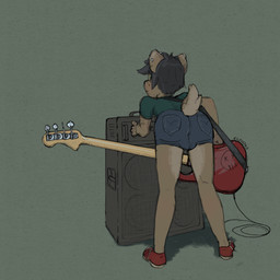 amp bass_guitar bulge butt clothing ear_piercing femboy footwear fur green_eyes guitar industrial_piercing looking_at_viewer looking_back looking_back_at_viewer male musical_instrument piercing plucked_string_instrument presenting presenting_hindquarters rear_view scut_tail shoes short_tail solo string_instrument tail tan_body tan_fur clouded_(fa) canid canine mammal 1:1 hi_res