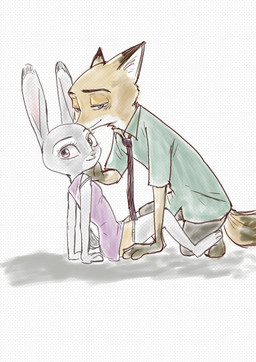 anthro barefoot black_ears blush blush_lines bottomwear brown_ears brown_tail clothed clothing dipstick_ears dress duo ear_markings eyebrows feet female female_anthro fur green_clothing green_eyes green_shirt green_topwear grey_ears grey_tail kneeling long_ears long_tail looking_at_viewer male male_anthro multicolored_ears narrowed_eyes necktie orange_ears orange_tail pink_inner_ear pink_nose pupils purple_clothing purple_dress purple_eyes scut_tail shirt short_tail shorts sitting smile snout tail topwear two_tone_ears two_tone_tail sou disney zootopia judy_hopps nick_wilde canid canine european_rabbit fox lagomorph leporid mammal oryctolagus rabbit red_fox true_fox