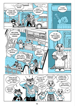 anthro card chair clothing dialogue eyes_closed eyewear family female floor furniture glass glasses hand_in_pocket male pockets shelf smile store text tools toy wood wood_floor young saran_kit canid canine canis mammal mustelid otter wolf comic english_text hi_res brother_(lore) brothers_(lore) father_(lore) mother_(lore) parent_(lore) sibling_(lore)