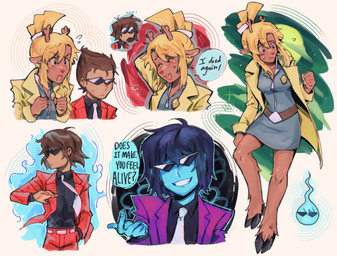 anthro belt blonde_hair blue_body blue_skin brown_hair clothing duo eyewear female freckles hair hooves male parody red_clothing red_suit suit sunglasses text goomyloid capcom deltarune ghost_trick undertale_(series) kris_dreemurr lynne_(ghost_trick) noelle_holiday sissel_(ghost_trick) deer human mammal new_world_deer reindeer 2024 hi_res nonbinary_(lore)