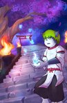 amazed anthro elemental_manipulation fantasy fire fire_manipulation flaming_orb kemono magic male night piercing priest solo stairs torii_gate young luce_bontemps domestic_cat felid feline felis mammal hi_res