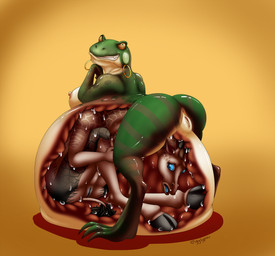 anthro belly breasts bulge butt ear_piercing ear_ring female fully_inside genitals hooves horizontal_pupils horn internal ossicone piercing pupils ring_piercing vore vulva igglypou amphibian frog giraffe giraffid hybrid mammal okapi hi_res