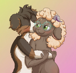 anthro belly big_belly blush brown_body brown_fur duo eyewear fur glasses horn male male/male pregnant pregnant_male white_body white_fur wool_(fur) seenty rayelle_(seenty) bovid canid canine canis caprine domestic_dog domestic_sheep herding_dog mammal pastoral_dog sheep valais_blacknose hi_res