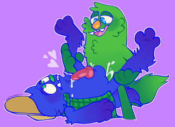 3_toes anal anal_penetration animal_genitalia animal_penis anthro balls blue_body blue_eyes blue_fur blush blush_lines blushing_profusely bodily_fluids canine_genitalia canine_penis clothed clothing cum cum_on_self duo erection feet fur genital_fluids genitals green_body green_eyes green_fur green_nose gynomorph gynomorph/male gynomorph_penetrating gynomorph_penetrating_male heart_symbol holding_leg intersex intersex/male intersex_penetrating intersex_penetrating_male knot looking_pleasured lying male male_penetrated married_couple mature_gynomorph mature_intersex mature_male on_back open_clothing open_mouth orange_nose pawpads paws penetration penis sex sharp_teeth simple_background smile spread_legs spreading teeth toes tongue tusks underbite conditional_dnp sleepweed bugsnax young_horses triffany_lottablog wambus_troubleham grumpus 11:8 digital_media_(artwork) hi_res female_(lore) trans_(lore) trans_woman_(lore)