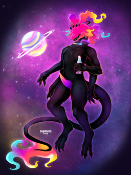 4_arms animal_genitalia anthro beverage black_body colored_fire colored_outline fire flaming_head flaming_tail genital_slit genitals gradient_penis halo holding_beverage holding_object male multi_arm multi_limb orange_penis penis purple_penis soda solo space tail tapering_penis lupinera mythology kaydelas dragon mythological_creature mythological_scalie scalie unknown_species hi_res
