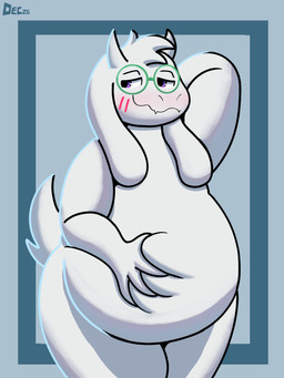 2_horns anthro belly belly_grab blush eyewear fur glasses horn male short_tail solo tail wearing_glasses white_body white_fur december_dreams deltarune undertale_(series) ralsei bovid caprine goat mammal 3:4 absurd_res hi_res