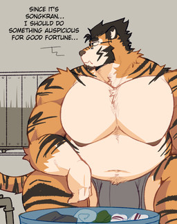anthro big_bulge big_moobs big_muscles big_pecs black_hair black_stripes bottomwear bulge clothed clothing dialogue eyewear fur glasses hair huge_moobs huge_pecs male mature_male moobs musclegut muscular muscular_anthro muscular_male nipples orange_body orange_fur pecs rectangular_glasses shorts shorts_only solo stripes text topless topless_anthro topless_male king_slabu tantai_suvanmas bengal_tiger felid mammal pantherine tiger digital_media_(artwork) english_text hi_res