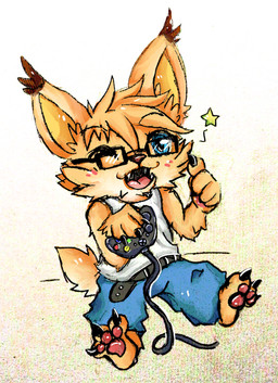 anthro arms_bent barefoot cheek_tuft chibi controller ear_tuft extended_legs eyewear facial_tuft feet game_controller geek glasses holding_controller holding_game_controller holding_object male nerd one_eye_closed raised_hand simple_background solo spread_legs spreading star tuft wink xbox_360_controller xbox_controller melonycreations microsoft xbox xbox_360 xbox_game_studios kitt-n-valentine felid feline lynx mammal