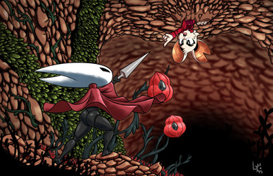 anthro big_ears black_body black_eyes buckteeth butt cloak cloak_only clothing duo empty_eyes eyelashes female fur gesture hand_gesture holding_object holding_weapon notched_ear open_mouth pink_nose pointing red_cloak red_clothing teeth weapon white_body white_fur fuzzycogs hollow_knight_(franchise) mina_the_hollower team_cherry yacht_club_games hornet_(hollow_knight) mina_(mina_the_hollower) arachnid arthropod mammal mouse murid murine rodent spider absurd_res hi_res