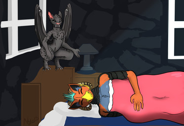 anthro bed bedding bedroom black_body blanket blue_bed_sheet duo feathers female furniture lamp light lying male male/female on_side orange_body pillow presenting raised_hand resting_arm side_table sleeping squatting_pose window nyo_la_nixan scythe_(zerofoxg zerofoxg avian bat bird mammal reptile scalie snake lighting shaded