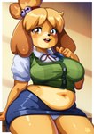anthro belly belly_overhang blush bottomwear cardigan clothed clothing duo female fur looking_at_viewer navel open_mouth panties panty_shot skirt slightly_chubby slightly_chubby_female solo thick_thighs underwear wide_hipped_female wide_hips yellow_body yellow_fur gravydood animal_crossing nintendo isabelle_(animal_crossing) canid canine canis domestic_dog mammal absurd_res hi_res