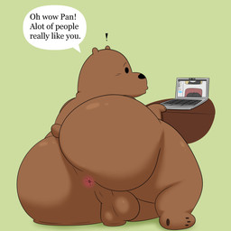 anthro anus backsack ball_squish balls big_balls big_butt bubble_butt butt butt_squish computer dialogue dot_eyes electronics exclamation_point eyebrows feet genitals green_background huge_butt huge_thighs laptop lying male nude on_side overweight overweight_anthro overweight_male pawpads perineum rear_view screen shadow simple_background simple_eyes soles solo squish text thick_thighs colossalstars cartoon_network we_bare_bears grizzly_(we_bare_bears) bear brown_bear grizzly_bear mammal ursine 1:1 2023 absurd_res english_text hi_res