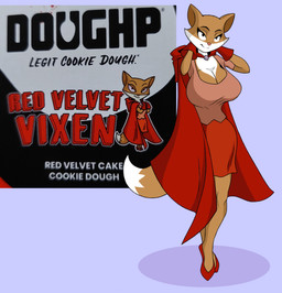 anthro big_breasts breasts cape clothing crossed_legs female footwear gloves hands_behind_head handwear looking_forward red_cape red_clothing red_footwear red_shoes shoes solo text florida-milves red_velvet_vixen canid canine fox mammal english_text hi_res