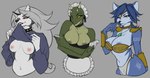 5_fingers accessory anthro areola big_breasts blue_areola blue_body blue_hair bottomwear breasts clothed clothing ear_piercing female female_anthro fingers green_areola green_body green_eyes grey_hair group hair jewelry loincloth looking_at_viewer markings medium_breasts multicolored_body multicolored_scales navel necklace nipples non-mammal_breasts piercing pink_nipples pupils red_sclera scales seductive shoulder_pads slit_pupils smile standing tribal tribal_markings trio two_tone_body two_tone_scales white_body white_eyes yellow_eyes ghostylime bethesda_game_studios helluva_boss microsoft mythology nintendo skyrim star_fox the_elder_scrolls the_lusty_argonian_maid krystal_(star_fox) lifts-her-tail loona_(helluva_boss) argonian canid canid_demon canine demon fox hellhound mammal mythological_canine mythological_creature reptile scalie hi_res