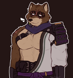 anthro blind brown_body brown_fur clothed clothed_anthro clothed_male clothing disability eye_scar facial_scar fur male multicolored_body multicolored_fur muscular muscular_anthro muscular_male scar solo tan_body tan_fur two_tone_body two_tone_fur ashtrisks epic_games fortnite hajime_(fortnite) canid canine mammal raccoon_dog tanuki colored signature