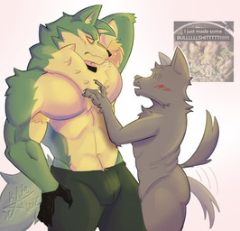 angry anthro armpit_hair blush blush_lines body_hair clothed clothing duo gloves hair handwear male male/male male_anthro muscular muscular_male nude_anthro nude_male pecs presenting slightly_chubby topless topless_anthro topless_male touching_chest touching_hair kadedrawz brand_new_animal studio_trigger shirou_ogami ych_(character) canid canine mammal hi_res