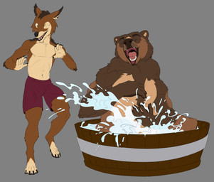 4_toes 5_fingers anthro arm_markings assisted_bathing barrel bath bath_water bathing bathtub belly biped black_body black_claws black_ears black_feet black_fur black_hands black_nose black_pawpads black_paws bottomless bottomwear brown_arms brown_body brown_claws brown_ears brown_fur brown_hands brown_legs brown_mane brown_nose brown_pawpads cheek_markings claws clothed clothing digitigrade duo eyebrows facial_markings feet finger_claws fingers fur fur_markings hair handpaw head_markings in_bath in_bathtub looking_at_another male male_anthro mane mane_hair markings monotone_body monotone_feet monotone_fur monotone_hands monotone_inner_ear monotone_markings mostly_nude multicolored_body multicolored_fur muzzle_(marking) nude open_mouth orange_body orange_fur pants pawpads paws pink_tongue plantigrade playing sharp_teeth short_ears short_fur shorts simple_background sitting sitting_in_bathtub skinny skinny_anthro skinny_male slightly_chubby slightly_chubby_anthro slightly_chubby_male small_ears smile snout snout_markings soap_bubbles splash splashing_water standing tall tan_belly tan_body tan_fur tan_inner_ear tan_markings teal_eyes teeth three-quarter_view toe_claws toes tongue tongue_out topless topless_male two_tone_body two_tone_fur ursine_ears washtub water water_splashes wet wet_body wet_fur aetherxov third-party_edit kuruk_(character) bear brown_bear canid canine canis grizzly_bear mammal ursidae ursine 2026 digital_drawing_(artwork) digital_media_(artwork) hi_res monochrome sketch