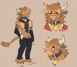 anthro arm_warmers armwear bell bell_collar brown_body brown_fur brown_hair clothed clothing collar femboy fluffy fluffy_hair fur hair hair_over_eyes horn looking_at_viewer male movie_theater scarf solo kotacat4 maple_(jelliebean) bovid bovine cattle highland_cattle mammal hi_res