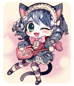 alternative_fashion anthro blue_hair blush clothed clothing cute_fangs electric_guitar fangs female fur goth gothic_lolita green_eyes guitar hair heart_symbol j-fashion lolita_(fashion) looking_at_viewer musical_instrument one_eye_closed open_mouth open_smile plucked_string_instrument smile solo string_instrument teeth tuft white_body white_fur wink ichthy0stega sanrio show_by_rock!! cyan_hijirikawa domestic_cat felid feline felis mammal 2015