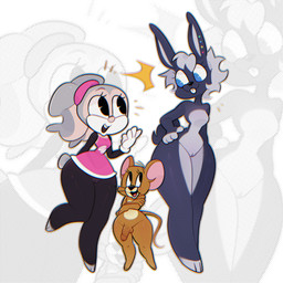 anthro clothing dress ear_piercing female genitals group male male/female penis piercing thick_thighs trio anonymous_artist acecraft metro-goldwyn-mayer tom_and_jerry amelia_(acecraft) jerry_mouse sammy_(triixs) lagomorph mammal mouse murid murine rodent 1:1 hi_res