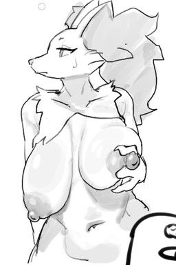 anthro areola big_breasts bodily_fluids breasts collarbone erect_nipples female frown fur hanging_breasts holding_breast inner_ear_fluff looking_aside navel nipple_fetish nipple_play nipples sagging_breasts solo sweat sweatdrop tuft skeleton265 nintendo pokemon canid delphox generation_6_pokemon mammal pokemon_(species) 2025 greyscale monochrome portrait sketch three-quarter_portrait